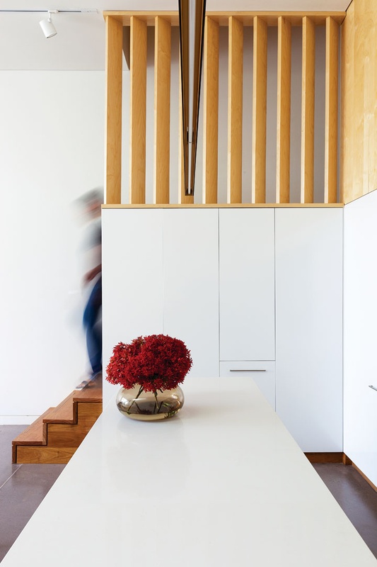 Angled slats allow a glimpse into the new area of the house.