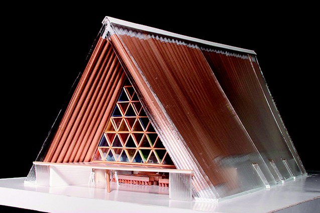Completion date – June 2012. Cardboard Cathedral by Shigeru Ban, location unknown. A temporary cathedral for the Anglican diocese in Christchurch while they decide how to rebuild in Cathedral Square. The building will seat 700 people and is made from cardboard with a perspex sloping roof. One end of the A-framed building will be a large stained-glass window.
