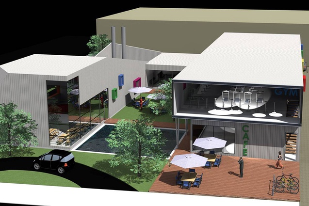 Corner of Moorhouse Avenue and Antigua Street by Thom Craig Architects and AMO. Mixed-use hospitality and gym, this modular design includes a drive-through fast-food outlet, offices, and courtyard hub.