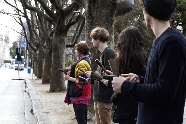 A team performance takes Audio Architecture workshop “output” to the streets over the Open House Melbourne weekend in July 2012.