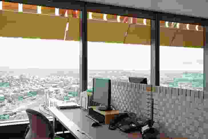 The screen as seen from the interior. Shown is the Nielson Properties tenancy on level thirty-six.