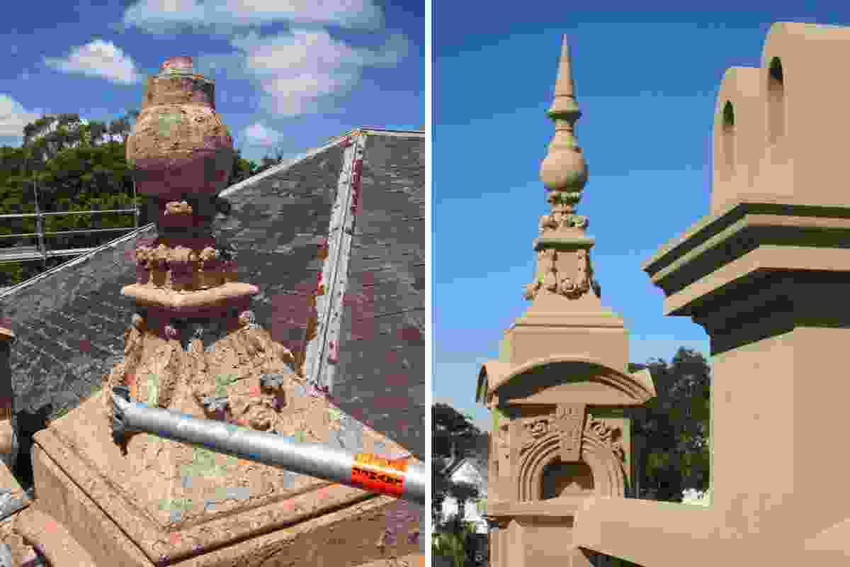 A pinnacle before (left) and after restoration (right).