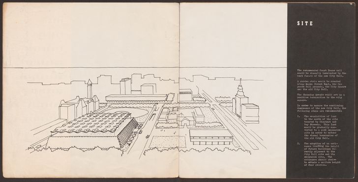 Site perspective of John Andrews, Macy Dubois, Bill Morgan, and Bill Ireland's entry to the second stage of the Toronto City Hall competition, 1958.