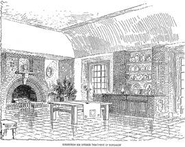 A drawing by Marion for her 1912 essay “The
Bungalow Indoors”. The brickwork, proportioning
and massing of the depicted fireplace are similar
to those at the Mahony house at Estes Ave, Chicago.
