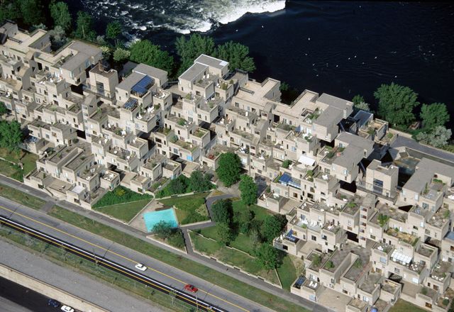 Aerial view of Moshe Safdie’s groundbreaking Habitat ’67 housing in Montreal.