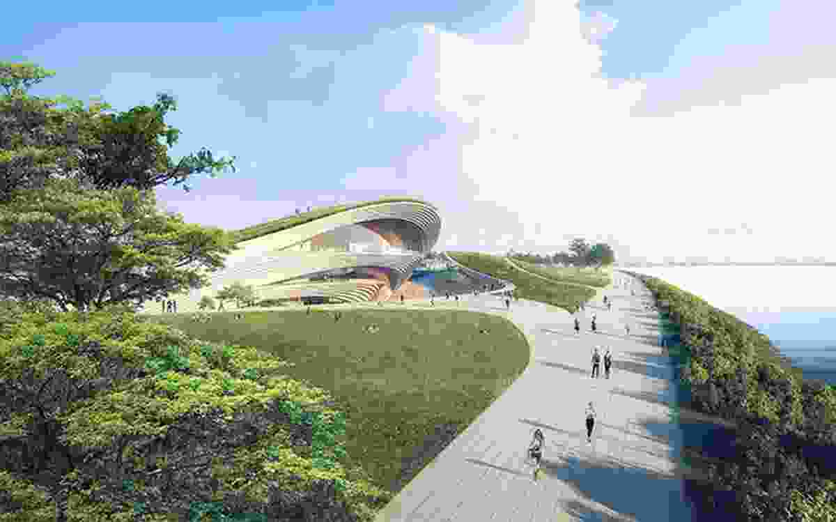 A view from the promenade of the winning proposal for Singapore Founders Memorial by Kengo Kuma and Associates and K2LD Architects.