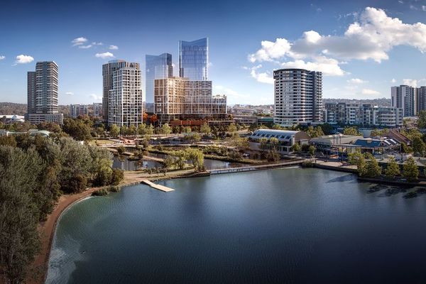 The view of Fender Katsalidis Architects’ Republic – set to become Canberra's tallest building – from Lake Ginninderra.