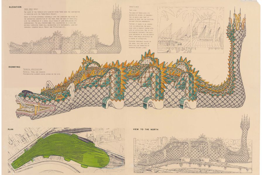 Entry in the 1978 Melbourne Landmark Ideas Competition: a giant crocodile whose tail is proposed to be twice the height of the Rialto tower.