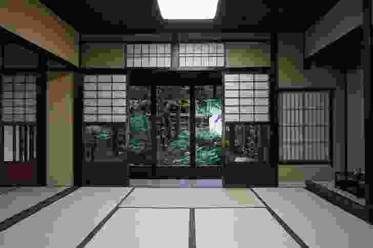 View to the ornamental courtyard at Nishijin Tondaya Teahouse, Kyoto.