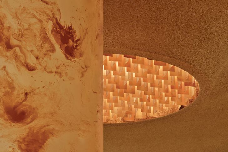 A section of the ceiling installation comprising 2,000 aluminium panels hand-coated in Other Matter Architectural Finish.