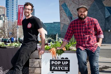 Mat Pember (left) and Fabian Capomolla (right) of Melbourne’s Little Vegie Patch Co bring Pop Up Patch to Federation Square.  