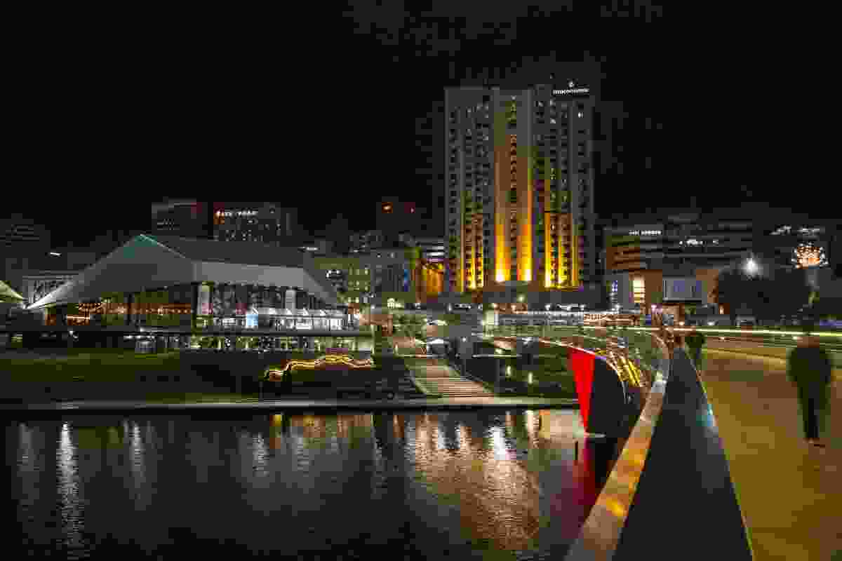 Looking towards the city from Riverbank Bridge, showing new south stairs and ‘River Flow’ artwork in front of the Festival Centre.