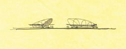 Concept sketch. Two shell-like pavilions face one another.