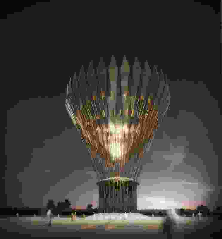 Second place winner in the 2019 LAGI competition – Sun Flower by Ricardo Solar Lezama, Viktoriya Kovaleva, Armando Solar
(San Jose (CA), USA) uses translucent solar photovoltaic and gravity storage
to generate 350 MWh per year. A submission to the 2019 Land Art Generator Initiative Design Competition for Abu Dhabi.