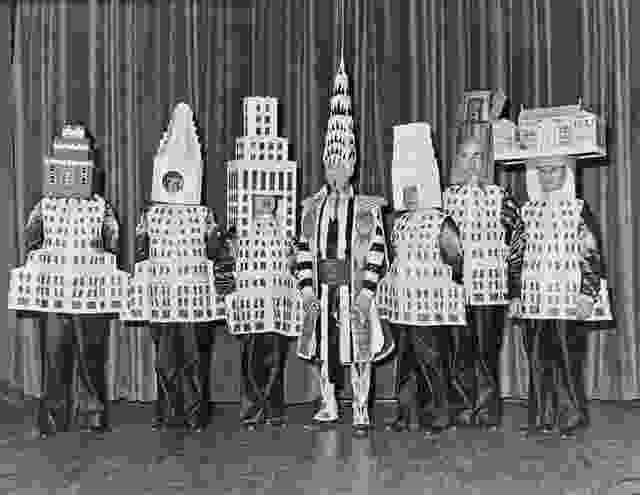 The inspiration: The 1931 Beaux-Arts Ball where New York's architectural elite dressed up as their buildings. From L-R: A. Stewart Walker as the Fuller Building (1929), Leonard Schultze as the Waldorf-Astoria Hotel (1931), Ely Jacques Kahn as the Squibb Building (1930), William Van Alen as the Chrysler Building (1930), Ralph Walker as 1 Wall Street (1931), DE Ward as the Metropolitan Tower and Joseph H. Freedlander as the Museum of the City of New York (1930).