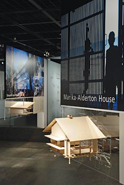 Sectional model and images of the Marika–Alderton House showing Murcutt’s first development of cantilevered fins and bed bays.
