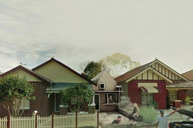 Speculative street view of Established Manors in Canterbury, Sydney. Each existing house is split down its central hallway to create an additional dwelling. In lieu of an ensuite pod and garage between the existing houses, an entrance and kitchen trigger the new dwelling.