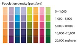 Diagrams showing relative city densities. Saskia Sassen argues that cities with multiple centres, such as London, may be better placed to cope with environmental pressures. Research and graphics courtesy of Urban Age, London School of Economics and Political Science, www.urban-age.net.