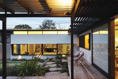 A landscape of gentle terraces is accessed via a low deck.