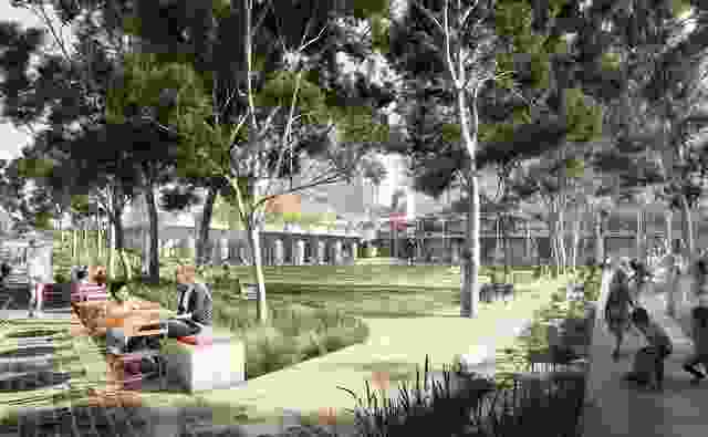 A render of the proposed design for a village green and community centre at Midtown MacPark on Sydney's north shore.