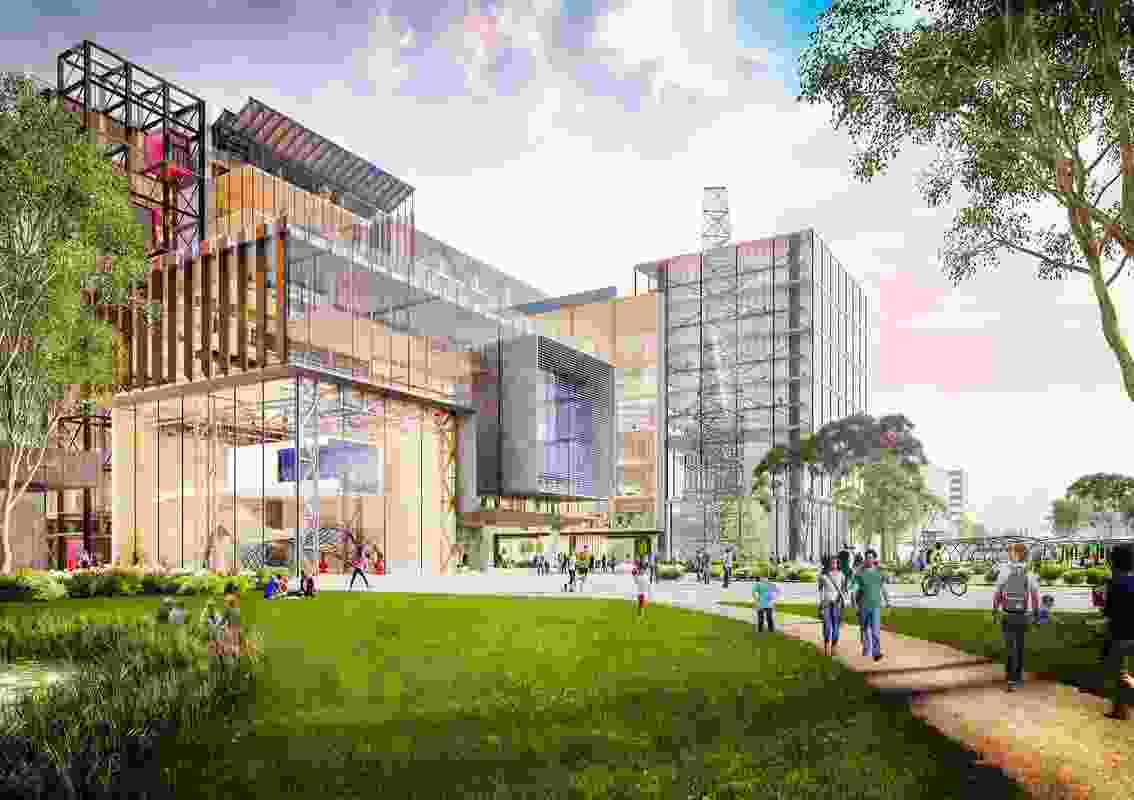 Preliminary concept render for the University of Melbourne’s Fishermans Bend campus masterplanned by Grimshaw.