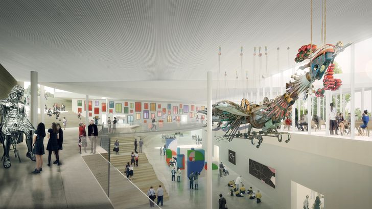 In progress image of Sydney Modern Project's atrium as produced by Kazuyo Sejima + Ryue Nishizawa / SANAA.
Featuring artworks left to right: Michael Parekowhai, The English Channel, 2015, © Michael Parekowhai; Ugo Rondinone, clockwork for oracles, 2010, © Ugo Rondinone; Rusty Peters, Waterbrain, 2002, © Rusty Peters. Warmun Arts Centre. Licensed by Viscopy, Sydney; Emily Floyd, Kesh alphabet, 2017, © Emily Floyd; Xu Bing, Phoenix, 2010, © Xu Bing Studio; Mabel Juli, Garnkiny Ngarrangkarni, 2006, © Mabel Juli, courtesy Warmun Art Centre. Licensed by Viscopy, Sydney; Freddie Timms, Jack Yard, 2004, © Freddie Timms Estate. Licensed by Viscopy, Sydney.