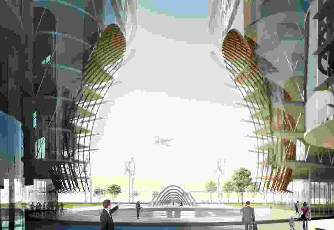 An arrival plaza in the proposed Word Trade Centre Sydney development masterplanned by Woods Bagot.
