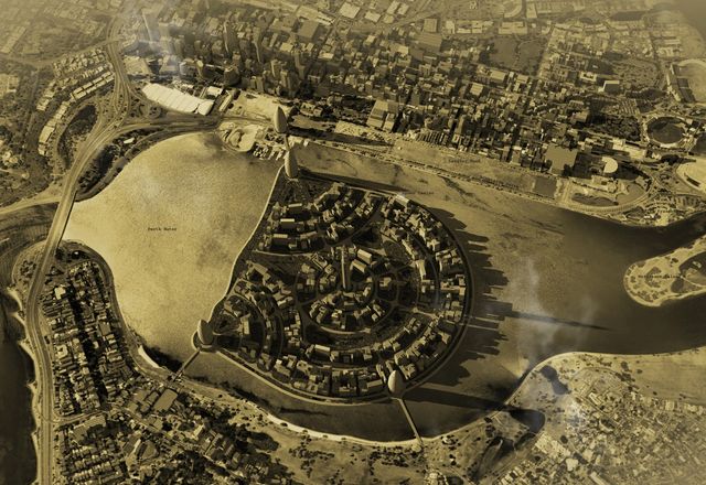 A 1931 proposal from engineer Frank Vincent to create a 120-hectare artificial island in the middle of Perth Water, from Take me to the river: Alternative stories of Perth’s foreshore by Julian Bolleter.
