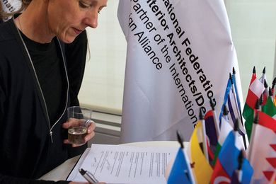 Australian delegate Suzie Attiwill MDIA, associate professor of interior design at RMIT and Idea Chair, signing the IFI Interiors declaration.