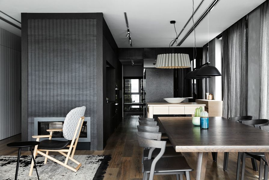 Central to the deign is a black box-like joinery unit housing the kitchen. It is subtle and unexpected, and the kitchen’s function is not immediately apparent.