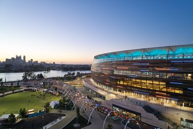 Optus Stadium’s bronze facade references Western Australia’s unique geology.