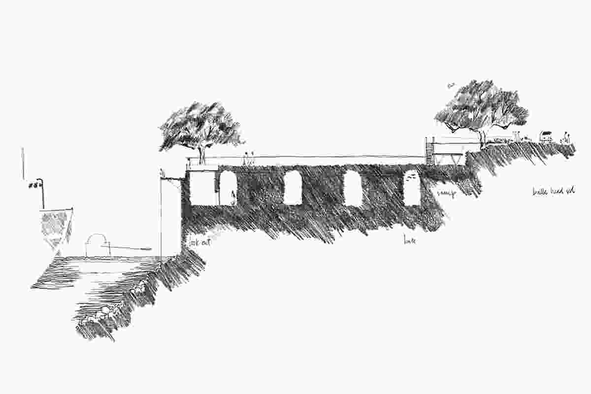 An early concept sketch showing the multi-level site.
