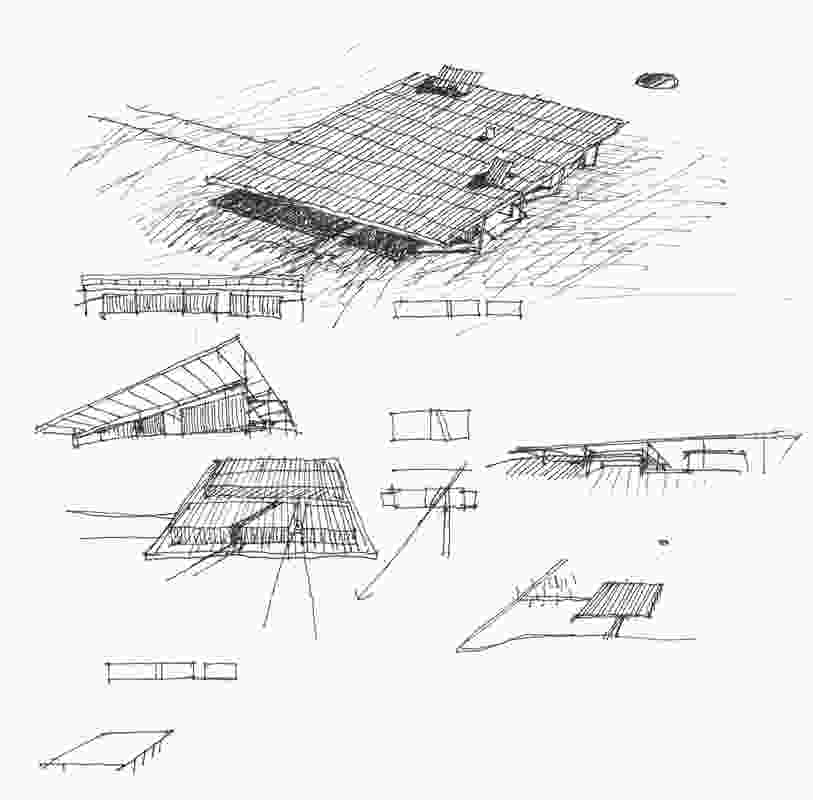 Sketches by the architect depicting the relationship between the parasol, the house and the landscape.