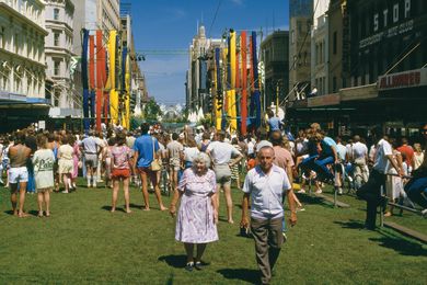 Central Melbourne: Framework for the Future by City of Melbourne – Hardware Lane, McKillop Street and Swanston Street, Victoria,1985–ongoing. Pictured here is the Swanston Street Party (1985). 