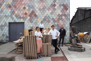 The 2016 Dulux Study Tour winners outside Assemble's Yardhouse in London (from left): Hannah Slater, Qianyi Lim, Katy Moir, Chris Gilbert and Mathew van Kooy.