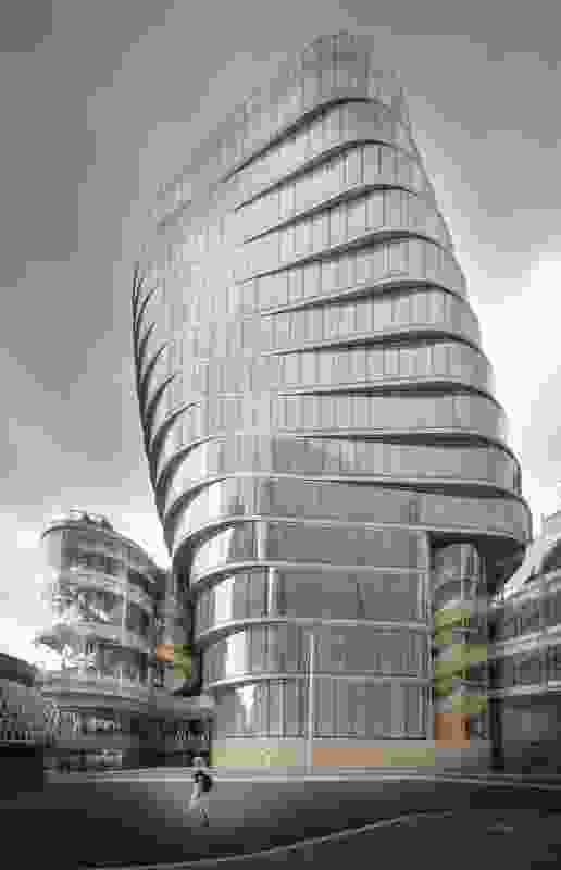The building’s upper levels take the form of a tower that twists and rotates as it climbs, responding to the surrounding building and site geometries.