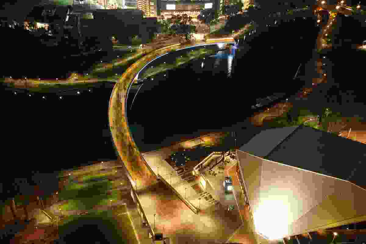 Aerial view at night of the newly opened Riverbank Bridge looking from Adelaide’s  Festival Centre Precinct.