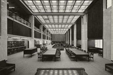 The main reading room of the National Library of Australia by Bunning and Madden, shot from the eastern end (1968).
