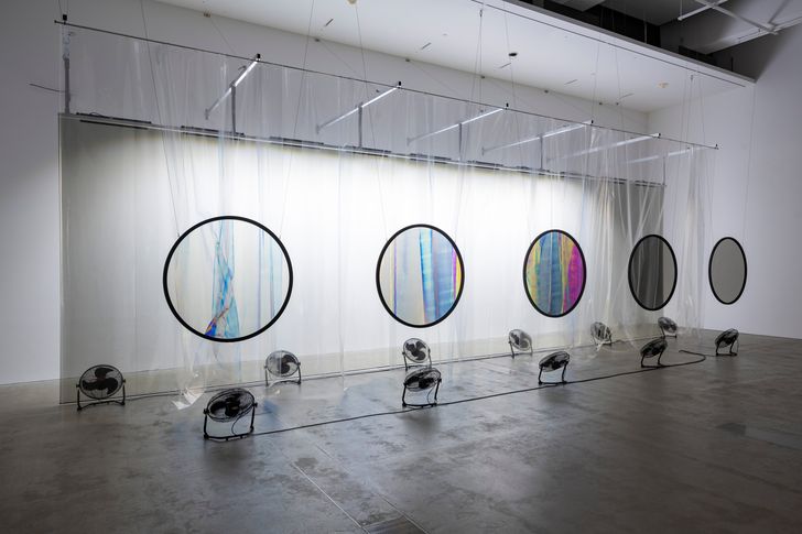Your truths (2025), installation view, Gallery of Modern Art, Brisbane. Ripping curtains reveal different colours for each viewer, drawing attention to the many ways we perceive the world.