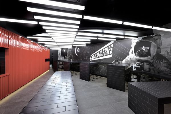 The futuristic wall art is designed by Brendan Elliott of B&Co.