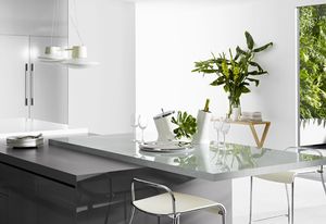 Overhanging benchtop in Laminex DiamondGloss Light Wengeblock. Island benchtop in Laminex Colour Palette Moose and panels in Laminex Silk Finish Moose.