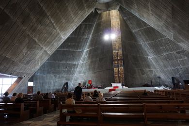 St Mary's Cathedral by Kenzo Tange, Tokyo. An incredibly emotive space, which succeeds largely due to an effort of geometry that resists understanding. 