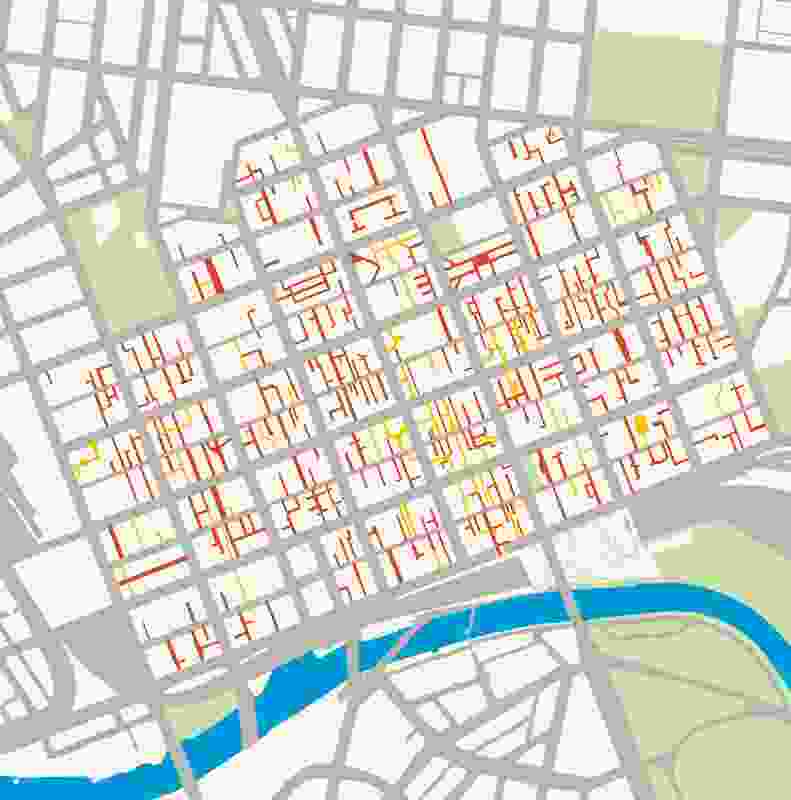 Laneways and arcades: permeability by day and night (red) and day only (yellow).