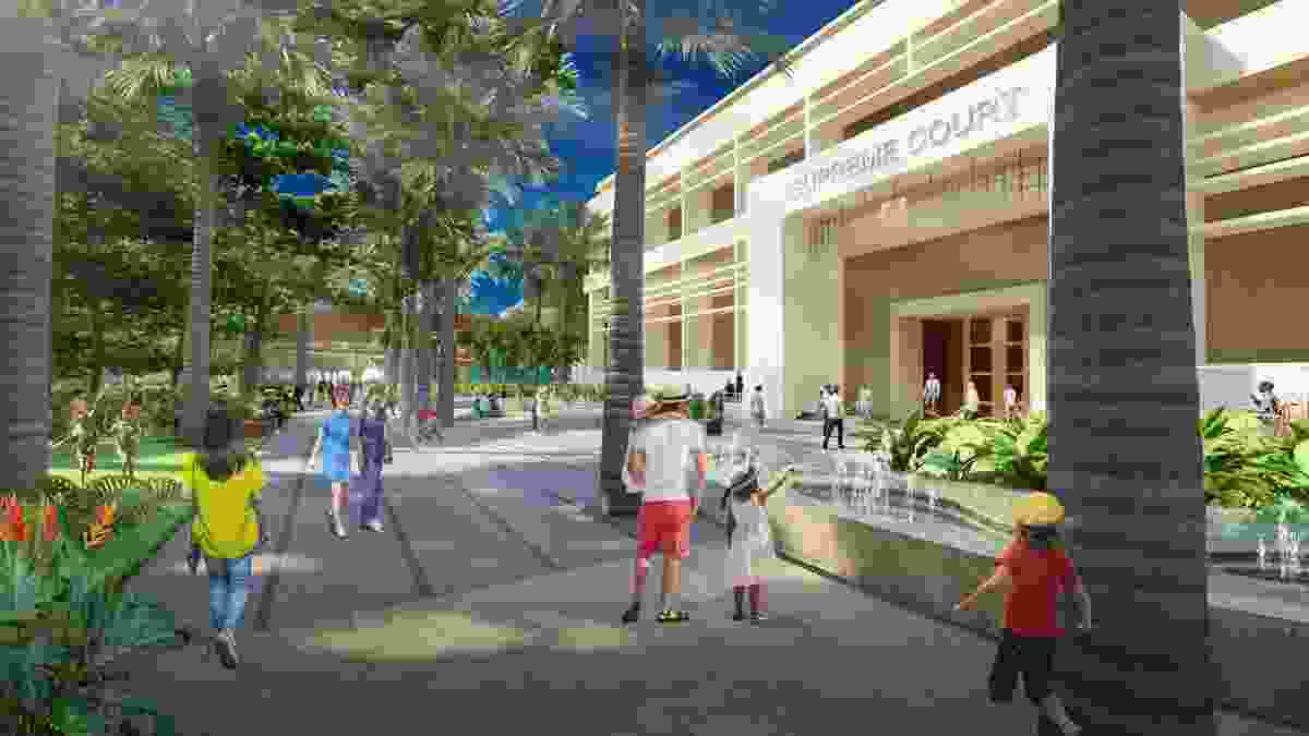 A potential view of the forecourt of the Supreme Court of the Northern Territory under the masterplan, with cooling water features.
