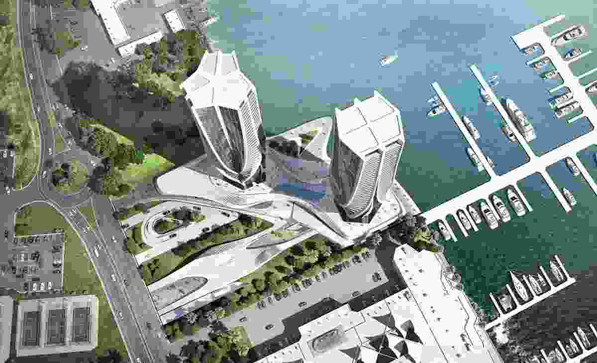 An aerial view of the twin towers on the Southport Spit, designed by Zaha Hadid Architects.