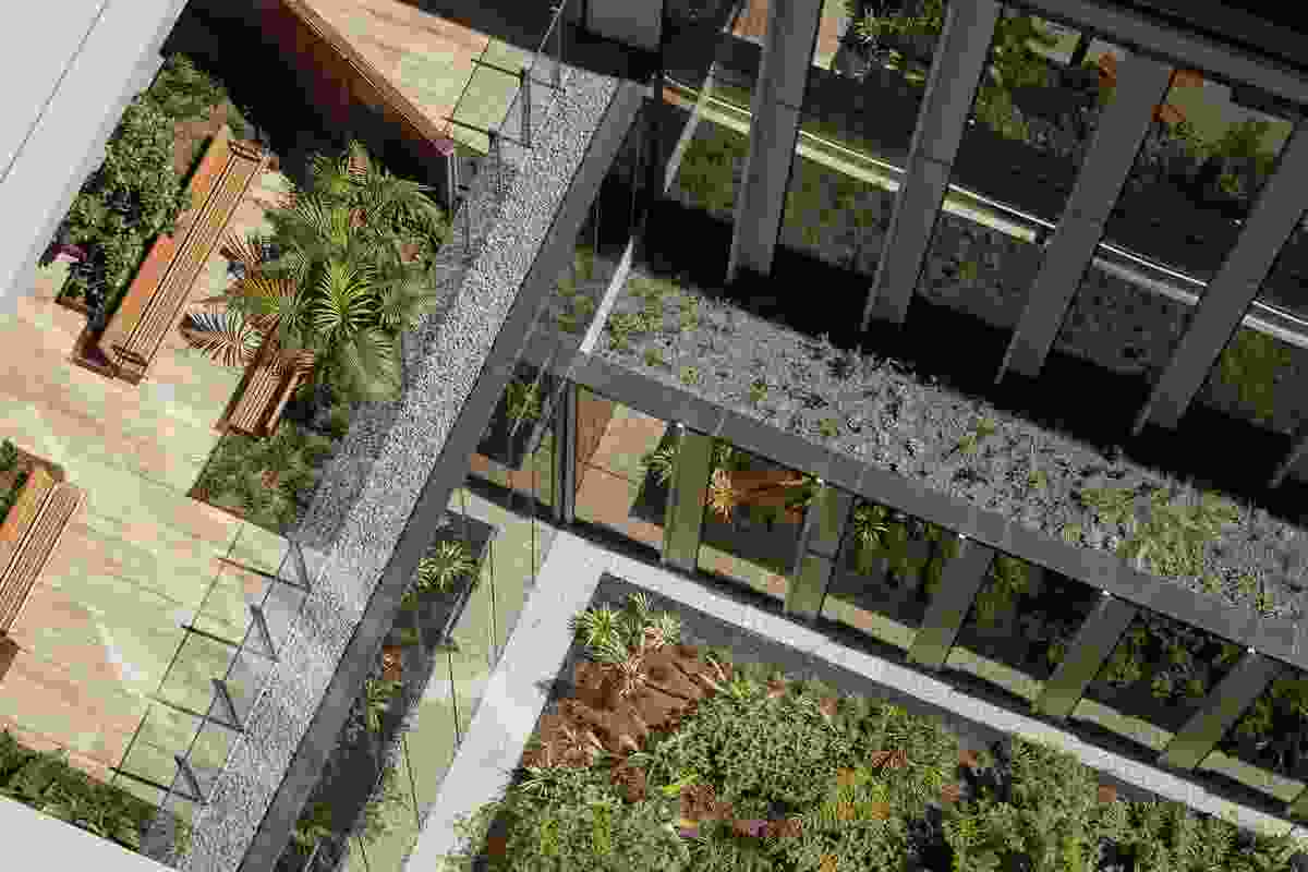 The strategically positioned courtyards and green roofs contribute to the creation of a tranquil healing environment.