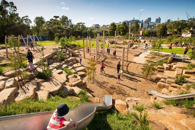 Royal Park Nature Play playground by the internal City of Melbourne landscape design team