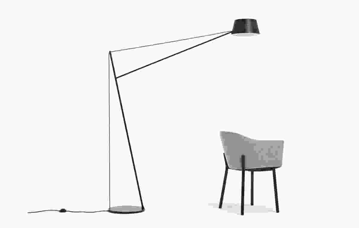 The Spar floor light by Jamie McLennan is inspired by the masts of sailing boats and the upholstered form of the Felix Chair by Simon James contrasts with an industrial-style base.