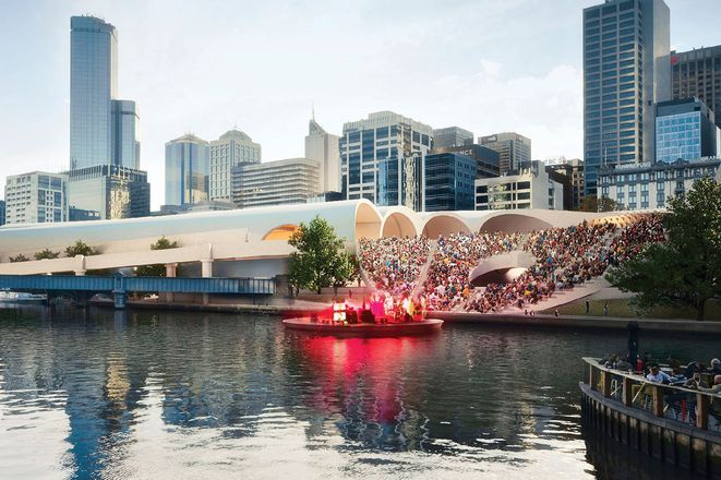 The amphitheatre and plaza in Hassell and Herzog & de Meuron’s competition-winning scheme for Flinders Street Station, Melbourne (2013). No funding for the project had been secured by the Victorian government at the time of the competition.