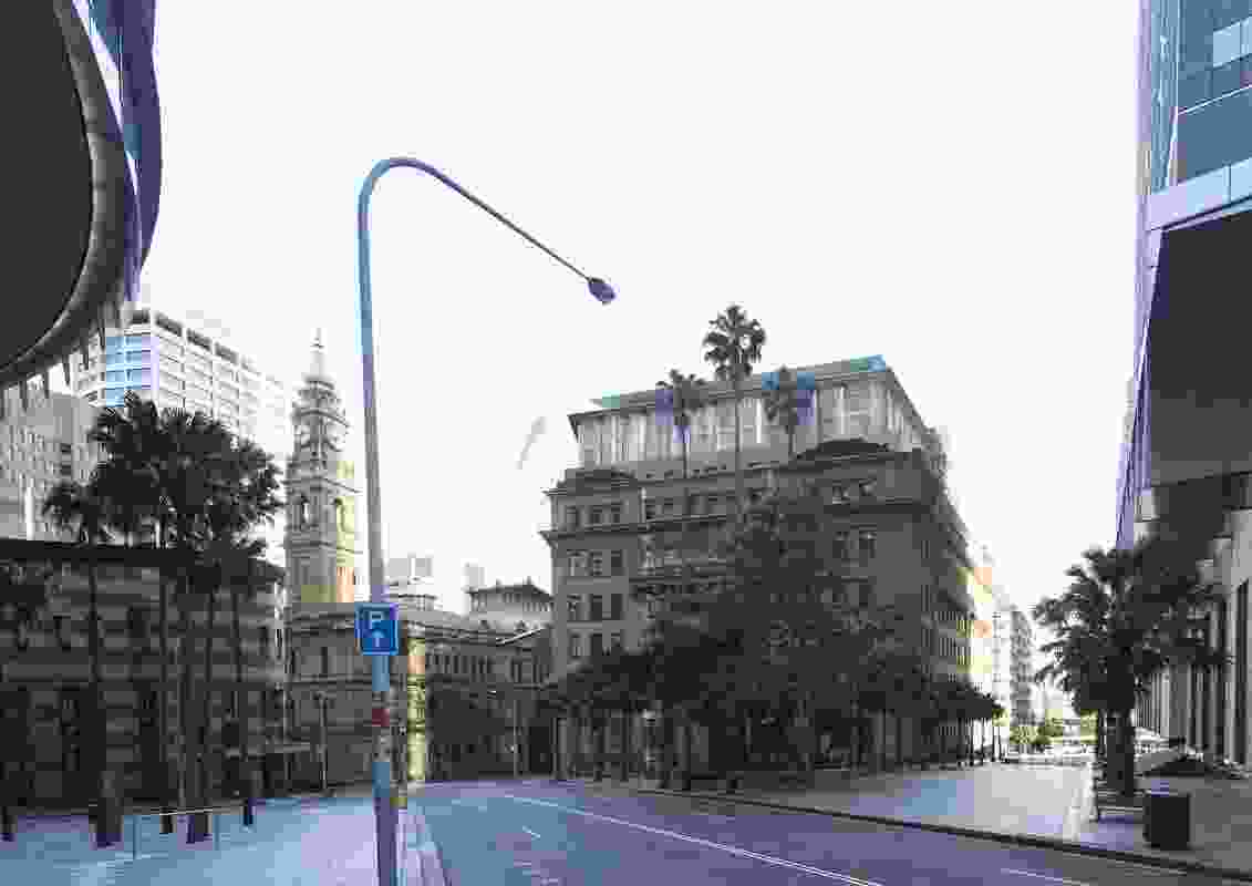 The proposed redevelopment of Sydney's historic sandstone buildings by Make will repurpose the Department of Lands building (left) and the Department of Education building (right).